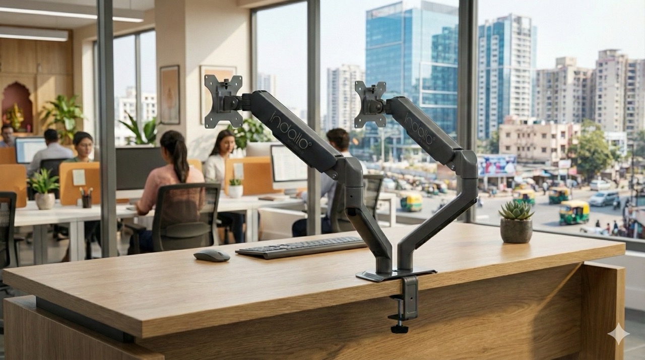 Indalio dual Monitor Arms supporting two displays